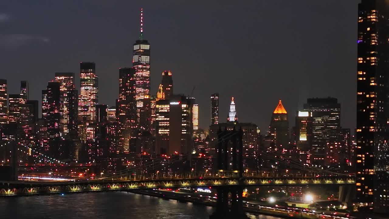 Dazzling New York skyline at night from a drone perspective