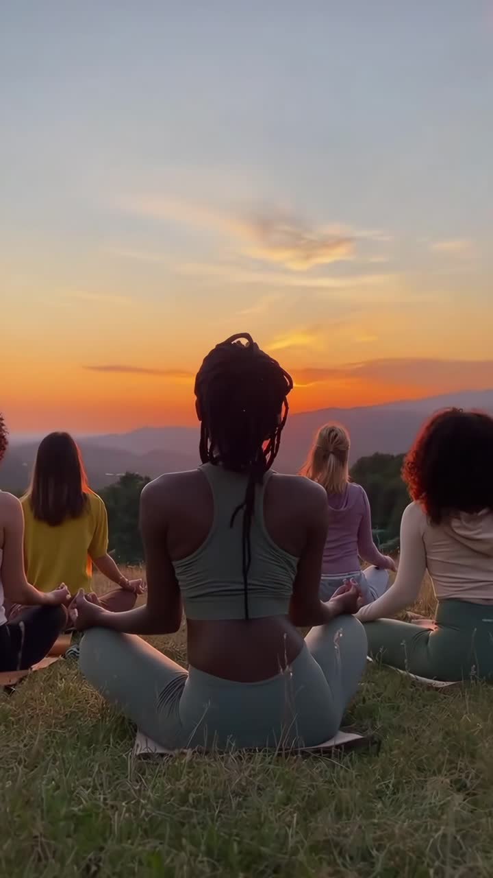 En rolig video fanger en gruppe, der mediterer ved solnedgang, set bagfra i en lav engel, Live mobil