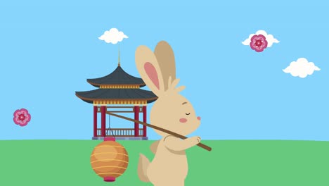 mid autumn festival animation with rabbit walking and pagoda