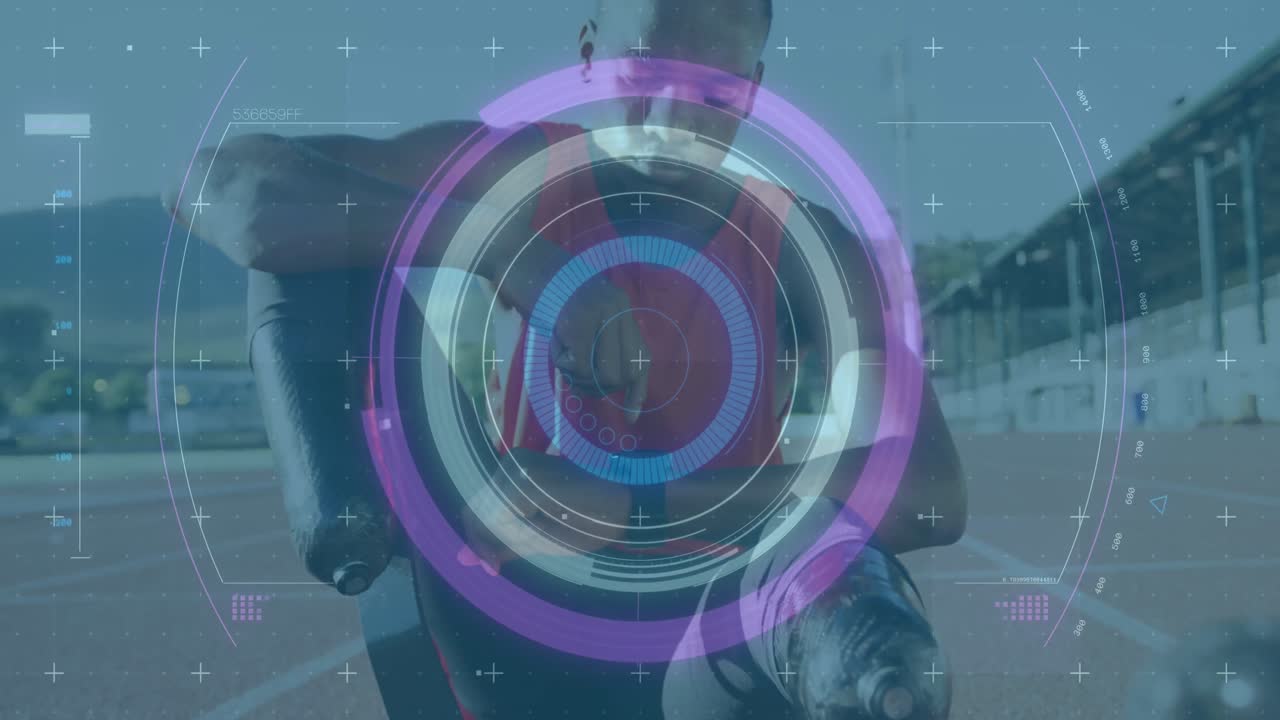 animación de escaneo de alcance sobre un atleta masculino discapacitado con cuchillas de correr en la pista de carreras