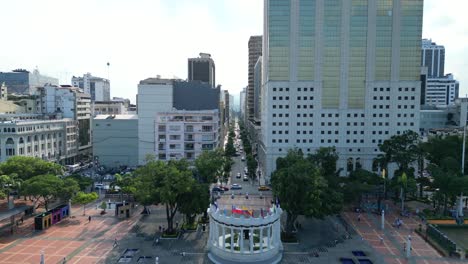 aerial view of malecon simon bolivar river front in guayaquil flying towards avenue 9 de octubre, a recreational and tourist attraction place with landmarks and walking space