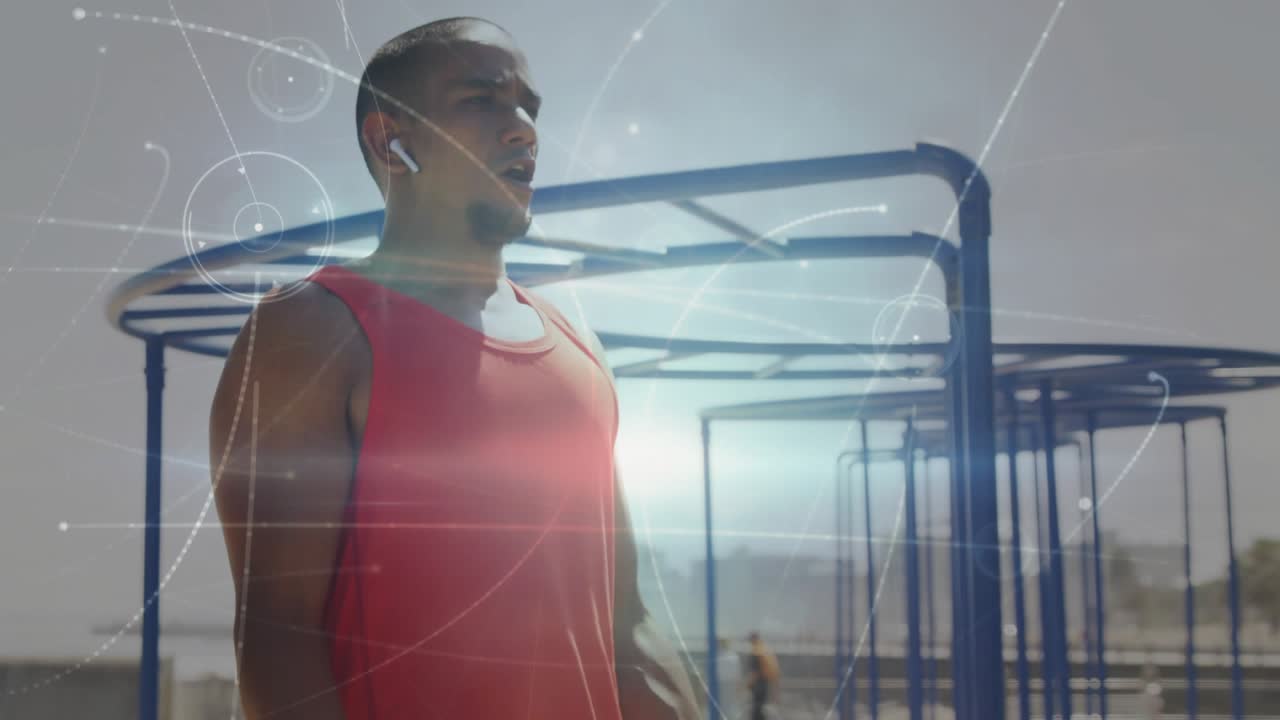 Man breathing and bracing barbell, animated light floating around him, doing curls for fitness