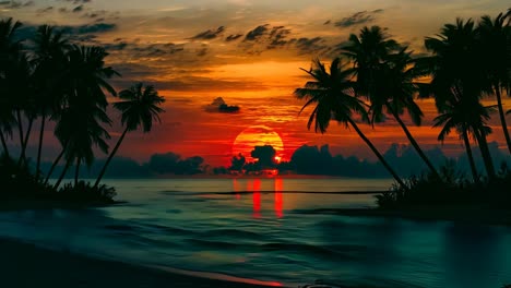 a sunset over the ocean with palm trees in the foreground