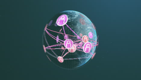animación de una red de iconos de perfil sobre un globo giratorio contra un fondo azul