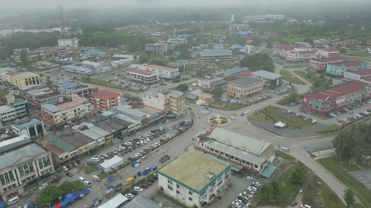 Foggy Morning Beautiful Drone View Of Sri Aman Town At Batang Lupar River, During Regatta And Pesta Benak,Sarawak, Borneo.