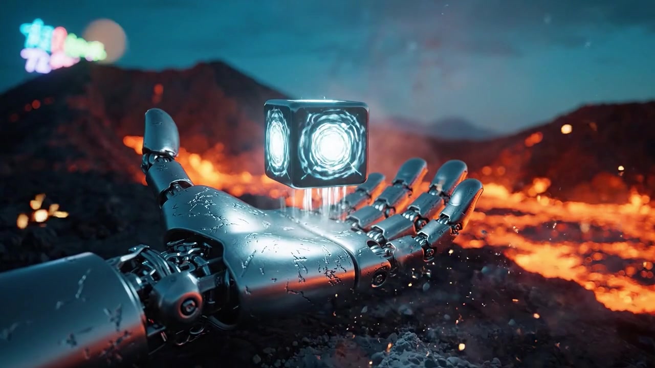 A robotic hand emerges from molten lava, delicately holding a glowing cube that pulsates with energy, symbolizing the fusion of technology and nature's forces.