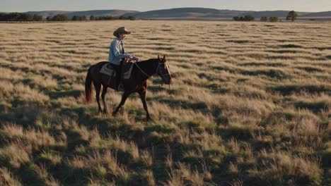 senior woman horseback riding in a golden field