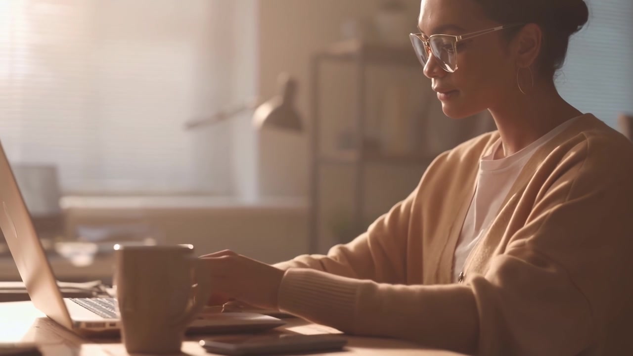 Jonge vrouw werkt op laptop in zonnig thuiskantoor