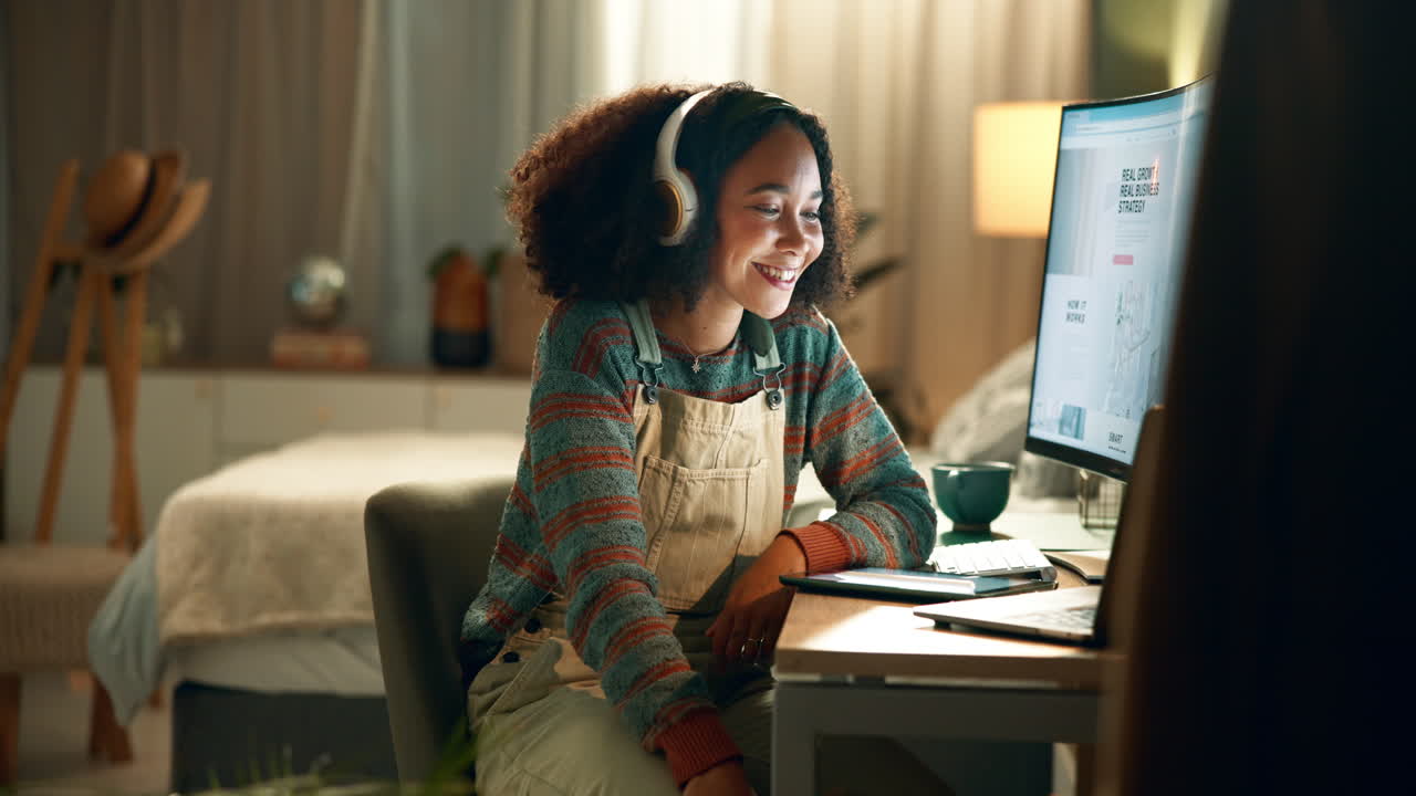 Woman working on computer with headphones