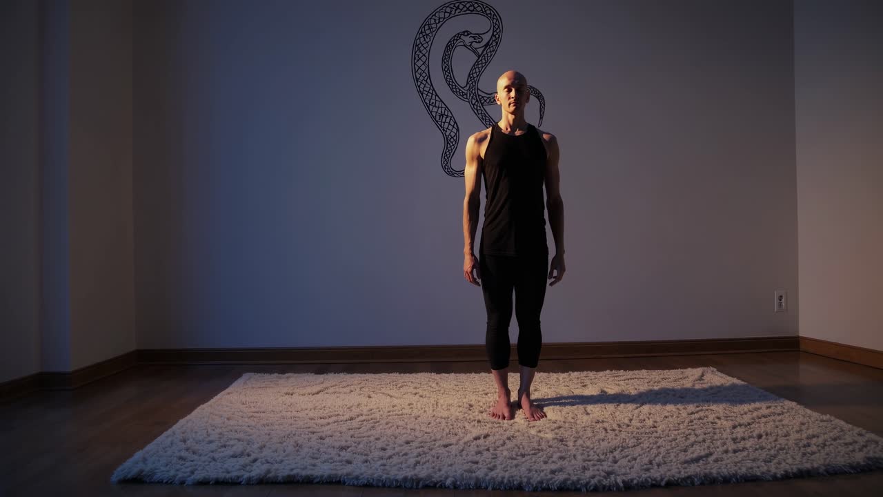 Yoga instructor standing on a carpet in tadasana pose, surrounded by a serene studio. Kundalini serpent symbol on the wall enhances the atmosphere for deep meditation and spiritual awakening