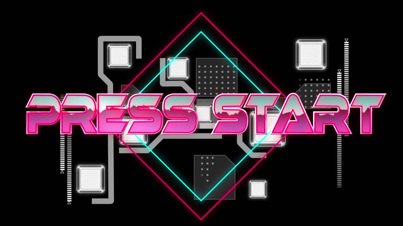 inicie el texto sobre cuadrados de neón contra el diseño de la interfaz digital en fondo negro.