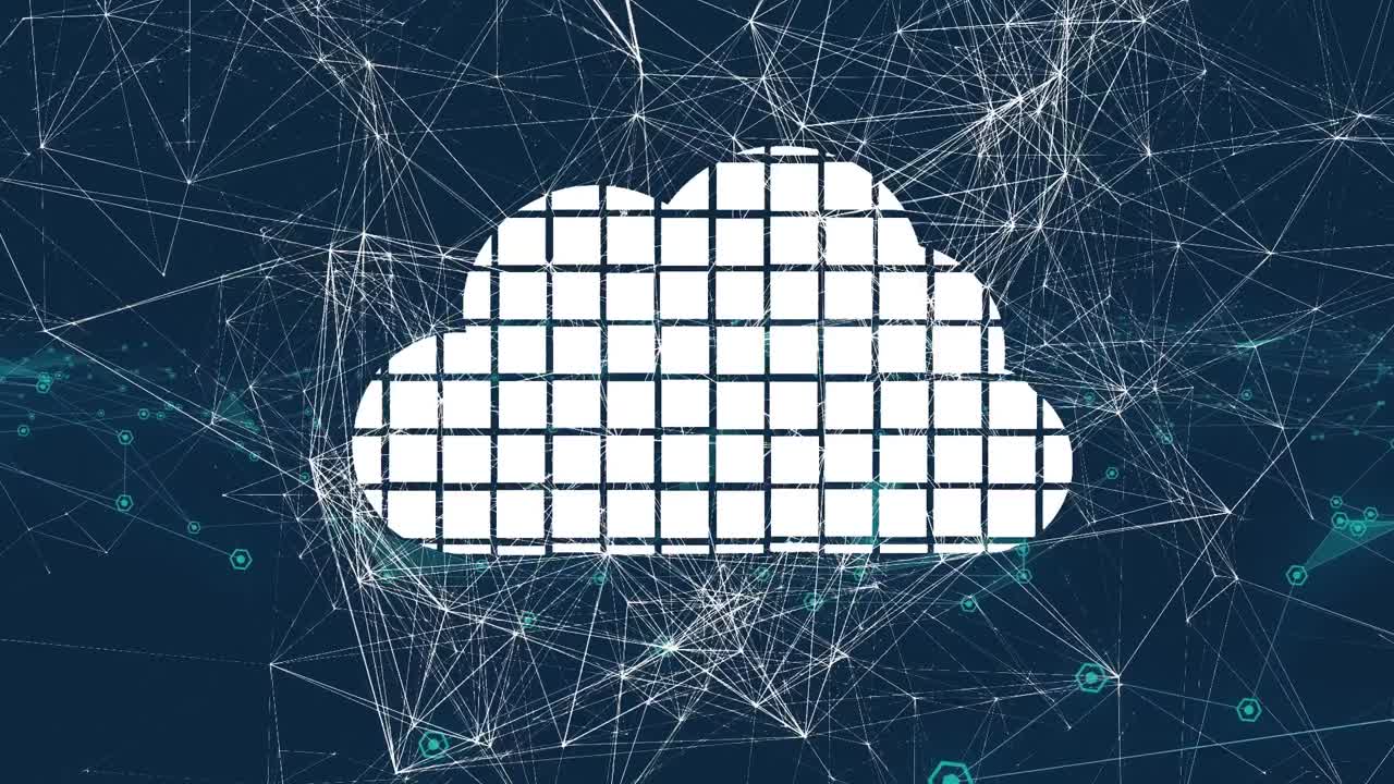 Animation of network of connections with white cloud icon over blue background