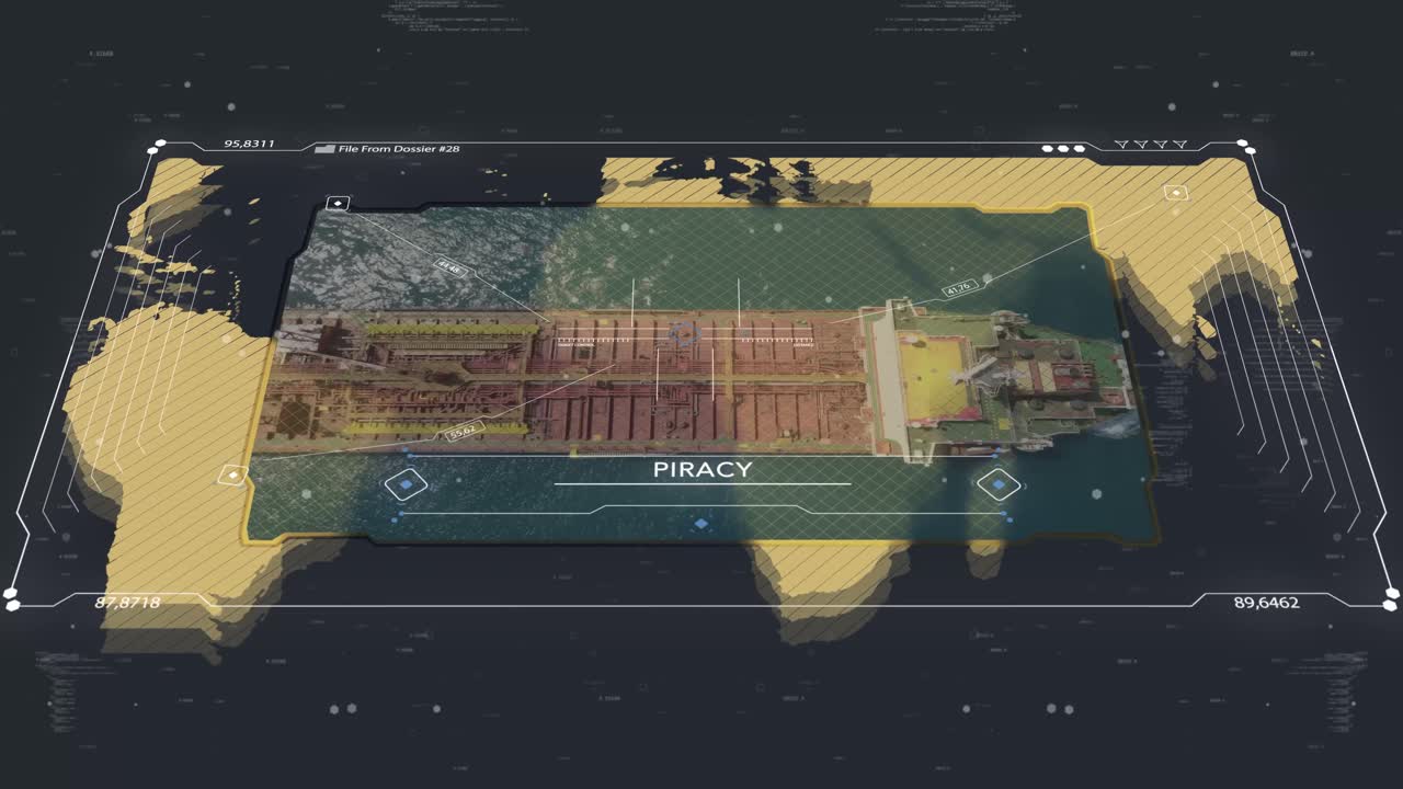 4K 15s 30fps blue and gold HUD intelligence map of Piracy with global locator. Geopolitical risk, security briefing, military analysis and crisis report animation