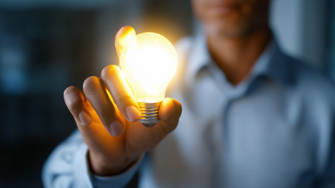 A person holds a glowing light bulb, emphasizing the concepts of innovation, ideas, and creativity while showcasing a bright future illuminated by inspiration