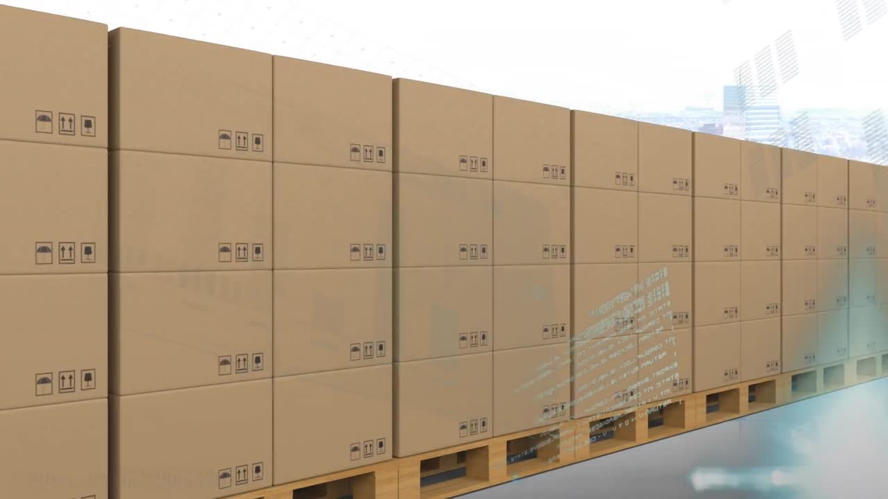 animación del procesamiento de estadísticas sobre cajas de cartón en cinta transportadora