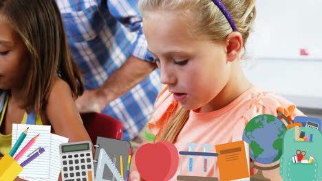 school supplies animation over children studying in classroom