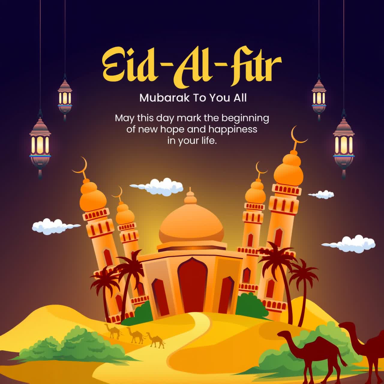 Animazione Eid Al Fitr con moschea, minareti, cammelli su sfondo viola e arancione