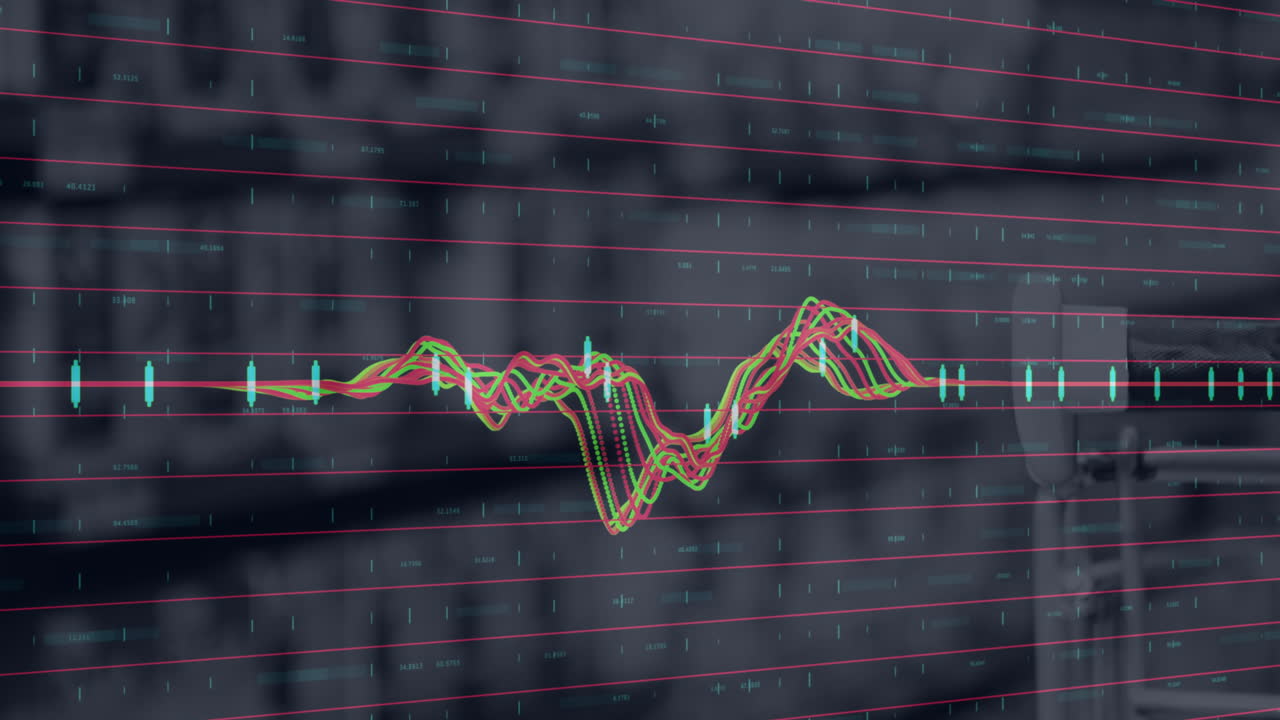 Animation of financial data processing over shop interior