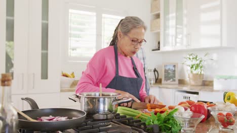 happy diverse senior couple wearing aprons and cooking in kitchen