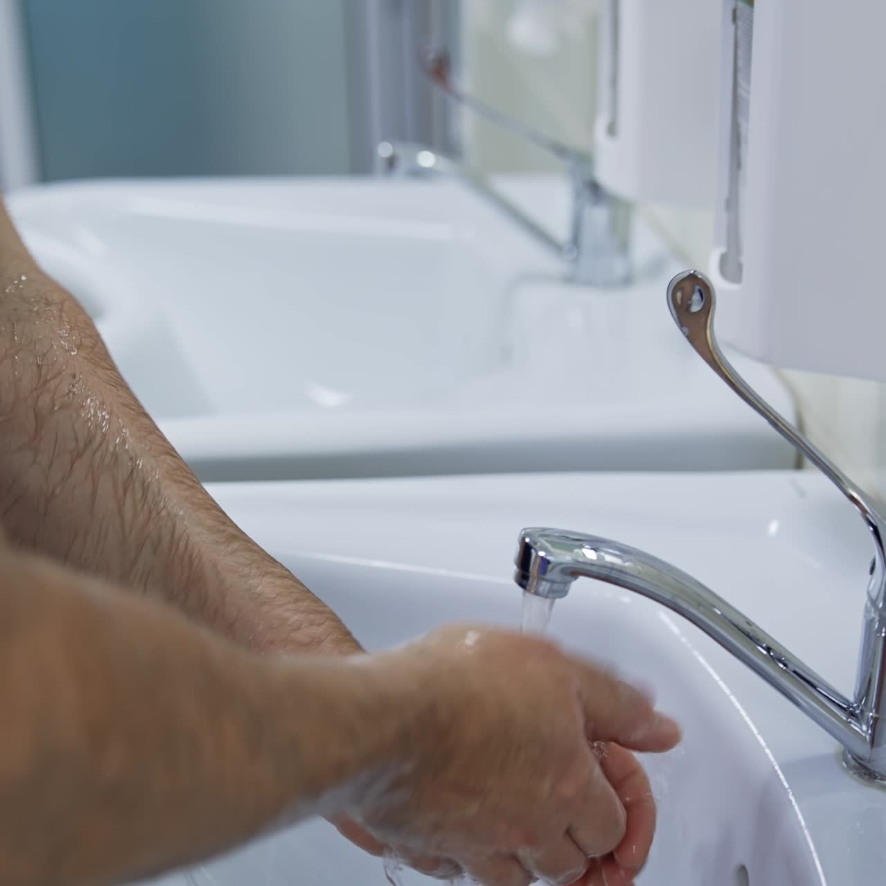 Doctor washing hands at medical clinic. Close up of surgeon washing hands before operating