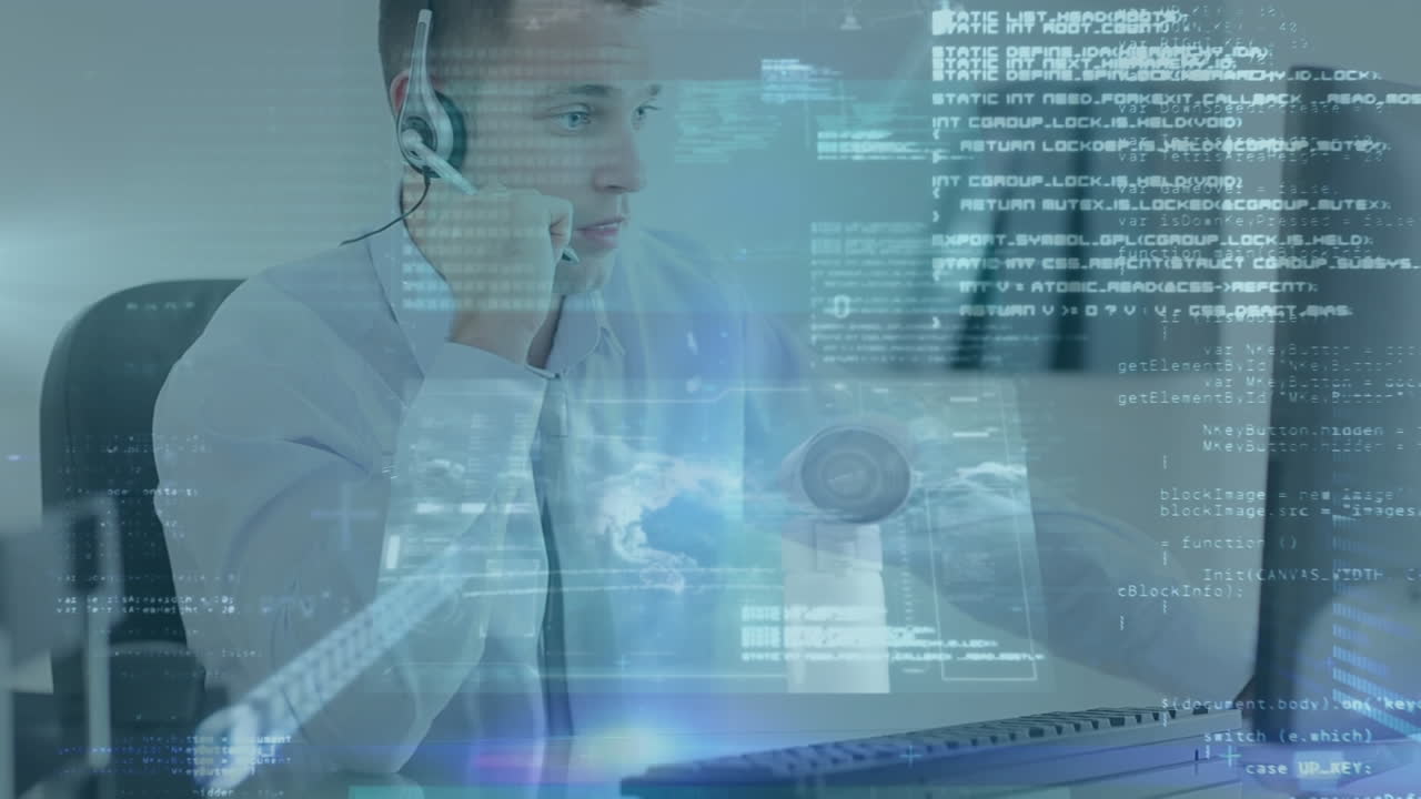 Animation af finansiel databehandling over forretningsmand, der bruger headset og computer