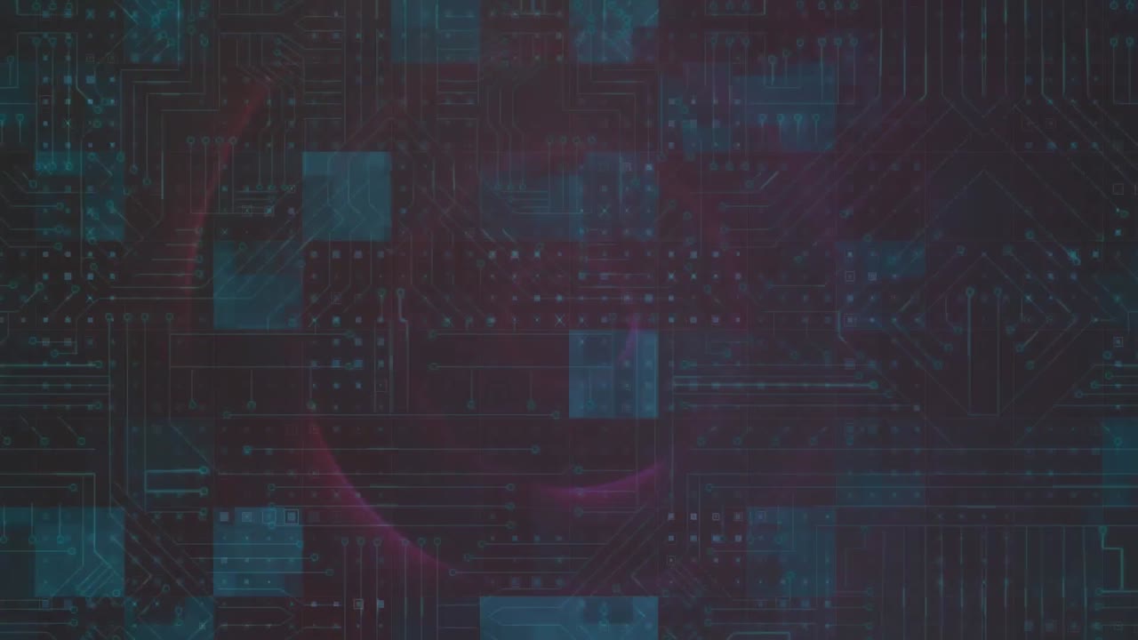 animación de las conexiones del microprocesador sobre cuadrados azules y rojos