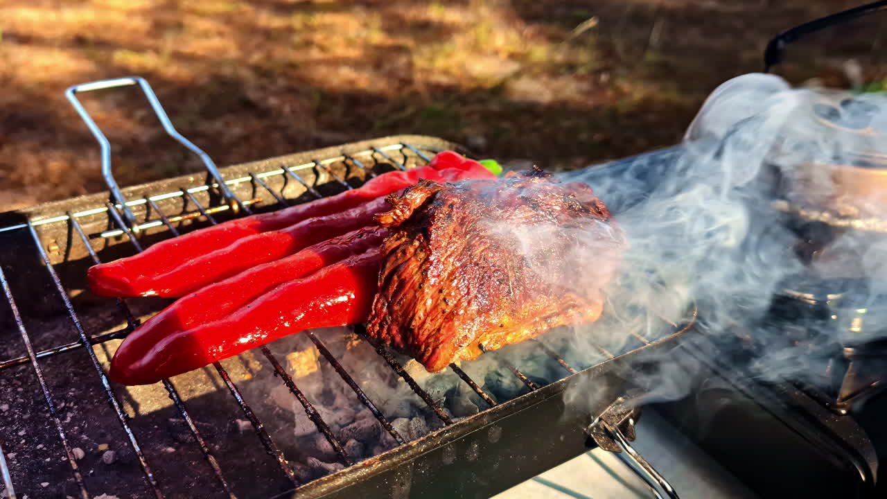 Grilled steak and red peppers smoking on charcoal barbecue in nature with tent campsite in background