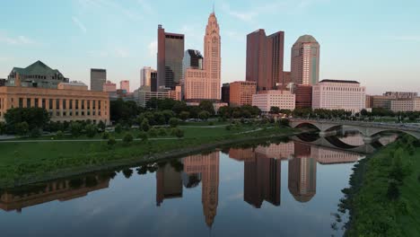 aerial golden hour city skyline pan - columbus, ohio