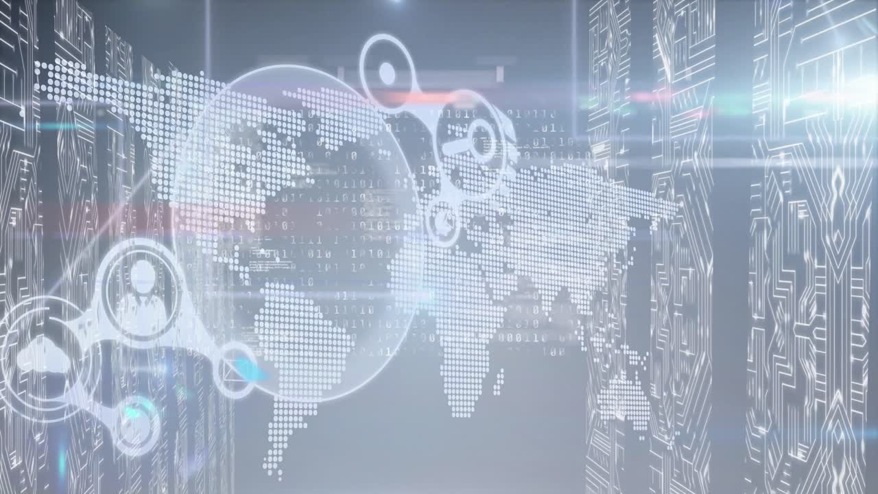 세계 지도와 파란색 배경의 화면 위에 지구와 데이터 처리의 애니메이션