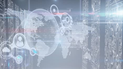 animation of globe and data processing over world map and screen on blue background