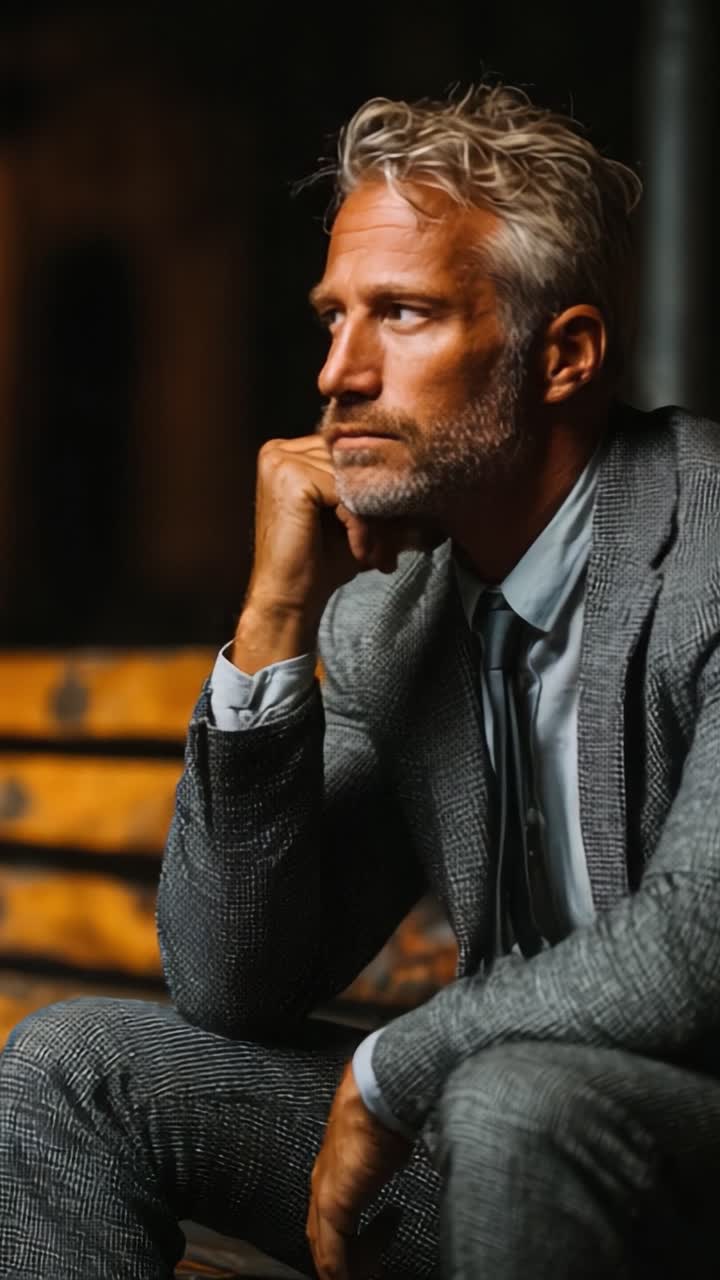 A Thoughtful Man in a Suit Carefully Contemplating Life's Challenges, Captured in a Dramatic Fashion Setting with Striking Lighting and a Reflective Mood