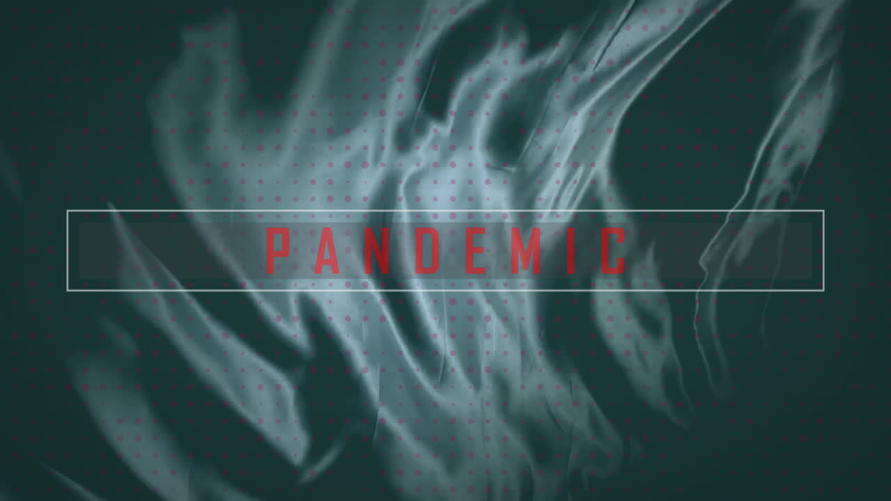 Animation of red dots pattern flowing over abstract fabric with pandemic text