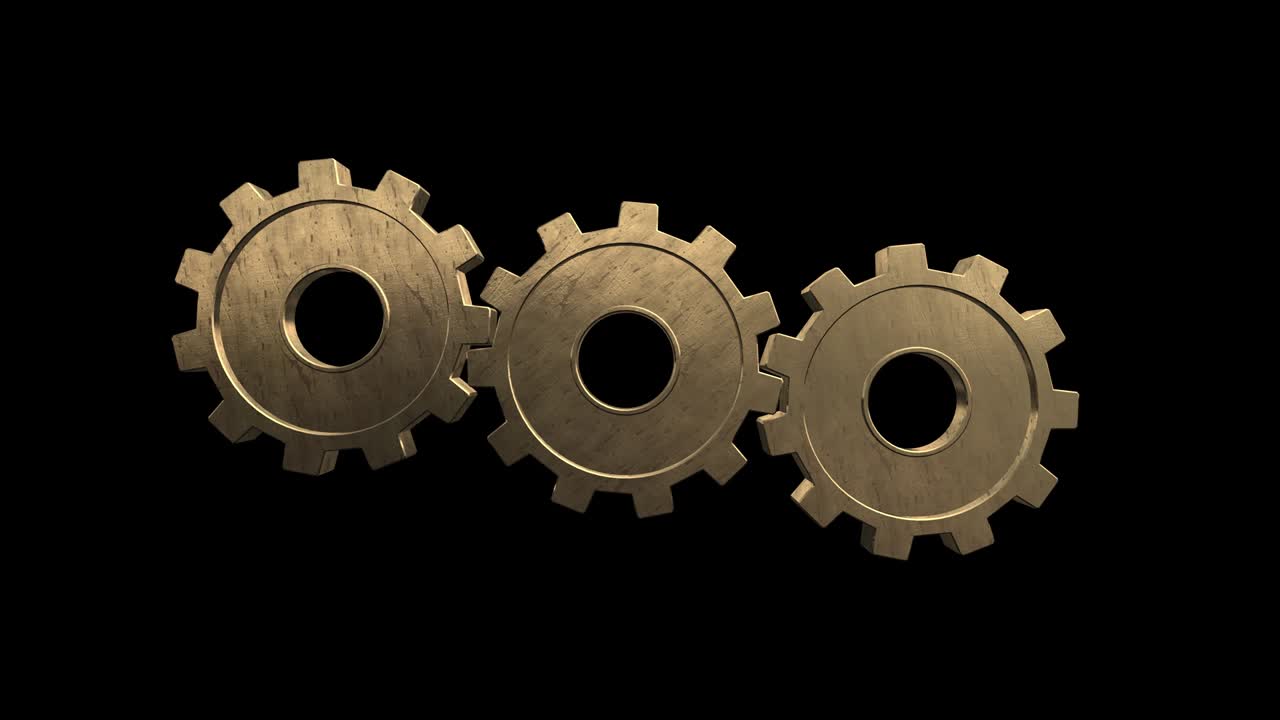기어 스피닝은 단독으로 날아가서 하나의 기어가 됩니다. 검은색 배경, 알파 채널