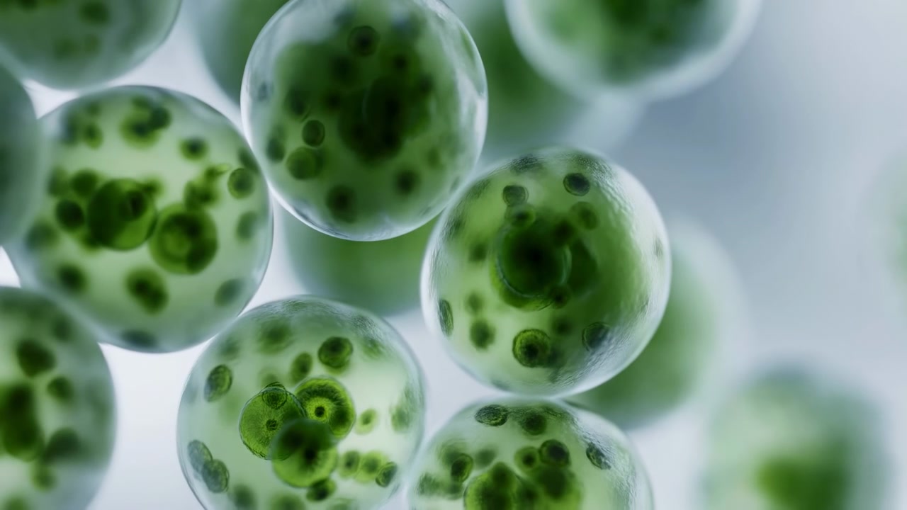 Forme trasparenti arrotondate fluttuano l'una accanto all'altra, mentre goccioline interne verdi rimangono visibili attraverso membrane lucide, con retroilluminazione fredda e sfere sfocate che si allontanano sullo sfondo