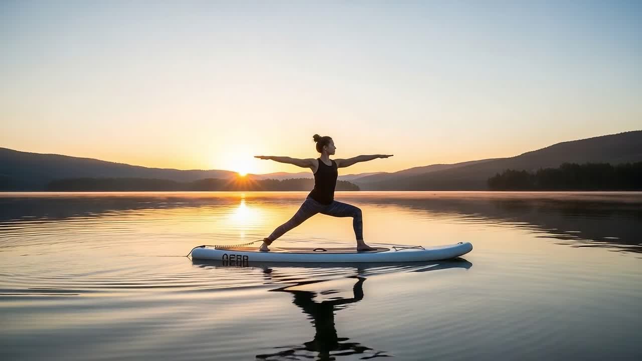 Graceful Morning Yoga on Water: A Serene Stand-Up Paddleboard Experience Against a Stunning Sunrise Backdrop with Perfect Reflections