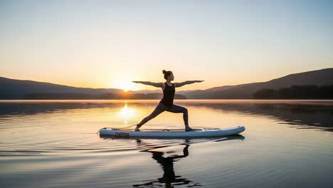 graceful morning yoga on water: a serene stand-up paddleboard experience against a stunning sunrise backdrop with perfect reflections
