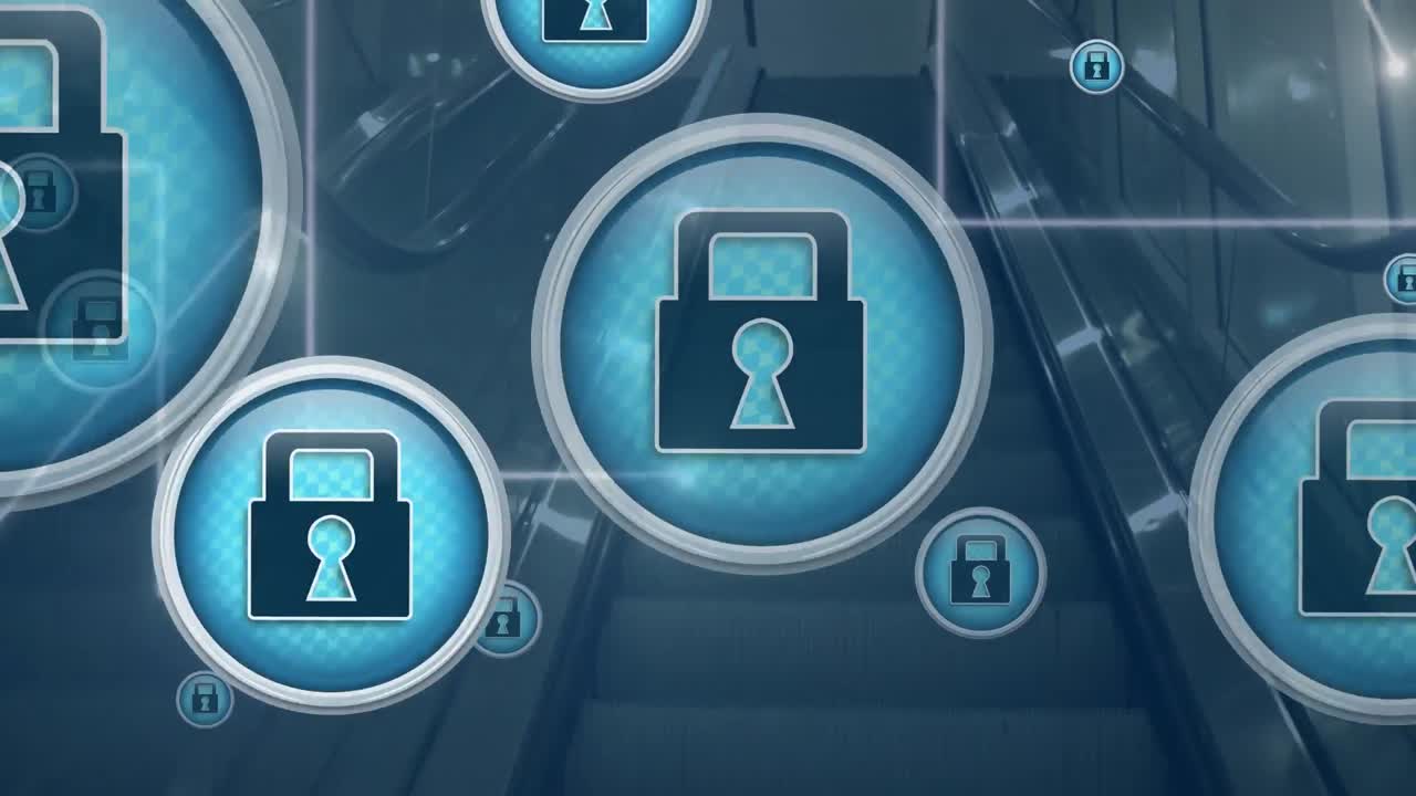 animación de iconos de candados y líneas móviles sobre escaleras mecánicas