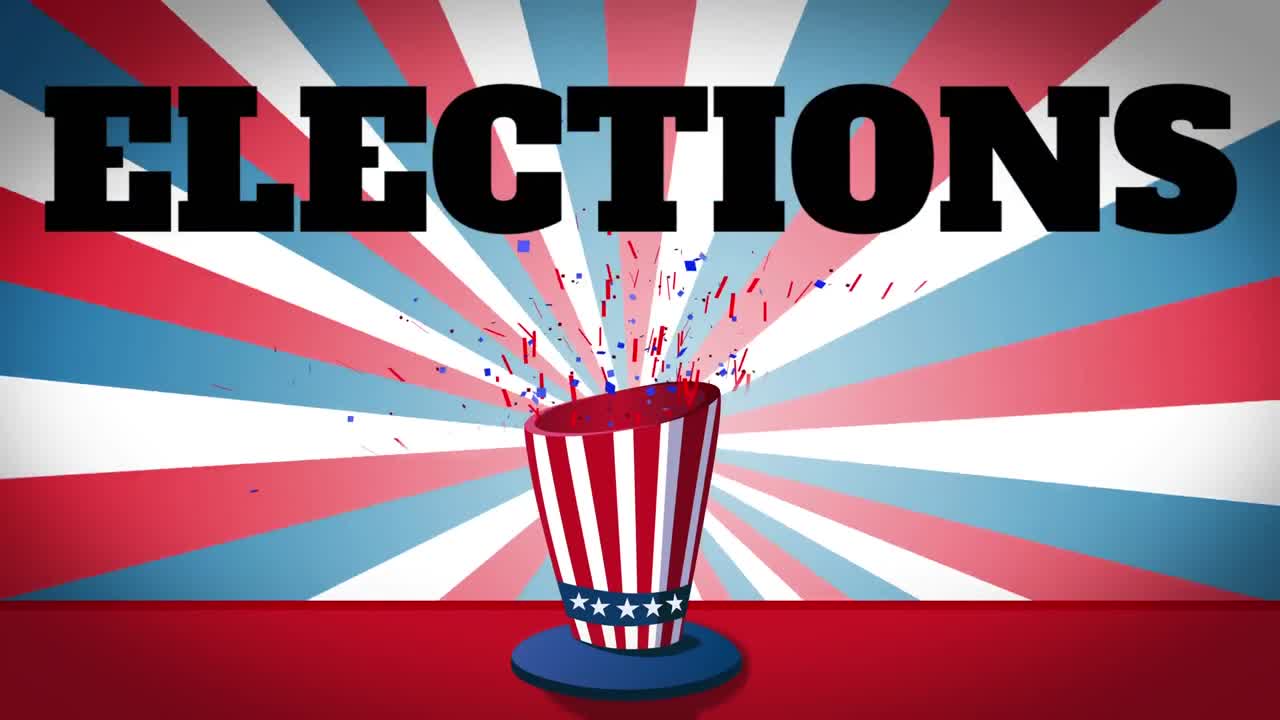 빨간색,  ⁇ 색, 파란색 줄무 ⁇  위에 빨간색과  ⁇ 색 줄무 ⁇ 가 있는 모자를 가진 단어 선거의 애니메이션