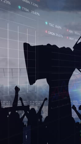 animation of data processing over cheering fans holding cup at sports stadium