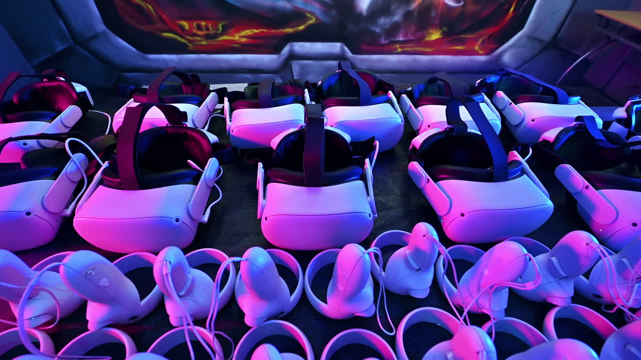 Point of view shot of a team of friends putting on virtual reality headset. Neon lights