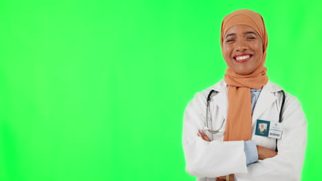 Muslim-woman,-face-and-doctor-pointing-on-green