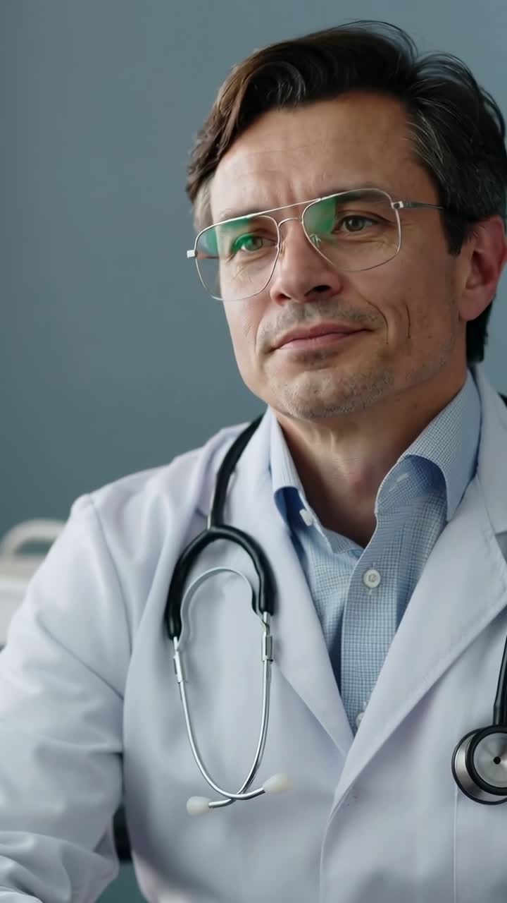 Vídeo vertical: Un médico mira hacia otro lado, reflexiona con preocupación y tranquiliza en una habitación con bata y estetoscopio