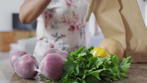 Midsection-of-african-american-senior-woman-in-kitchen-unpacking-vegetables-from-shopping-bag