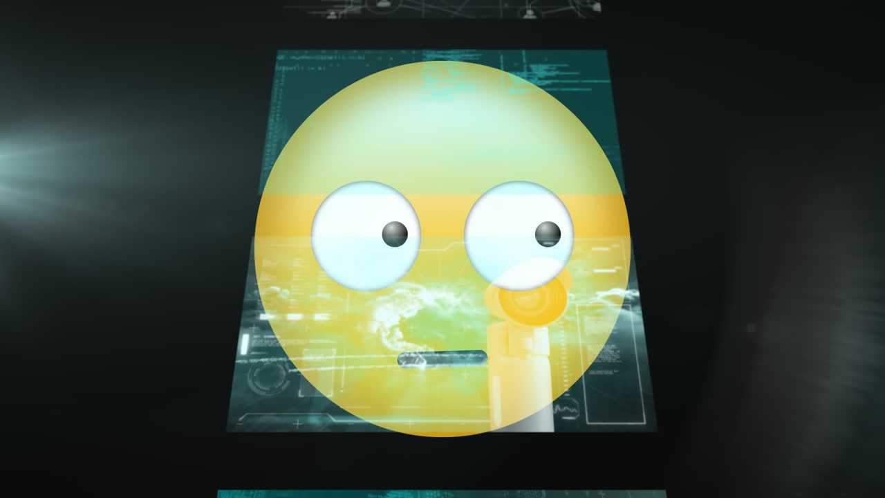 Digital animation of confused face emoji against screens with data processing on black background