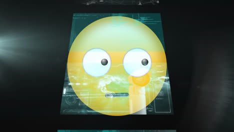 digital animation of confused face emoji against screens with data processing on black background