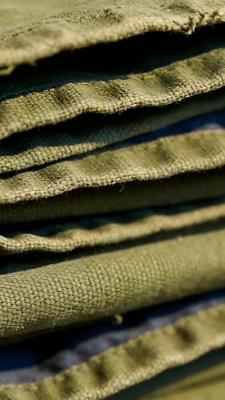 Vertikales Video: Schwenkende Makrokamera über gefaltetes olivfarbenes Tuch auf dem Tisch, enthüllt blaue Lücke und Fussel.
