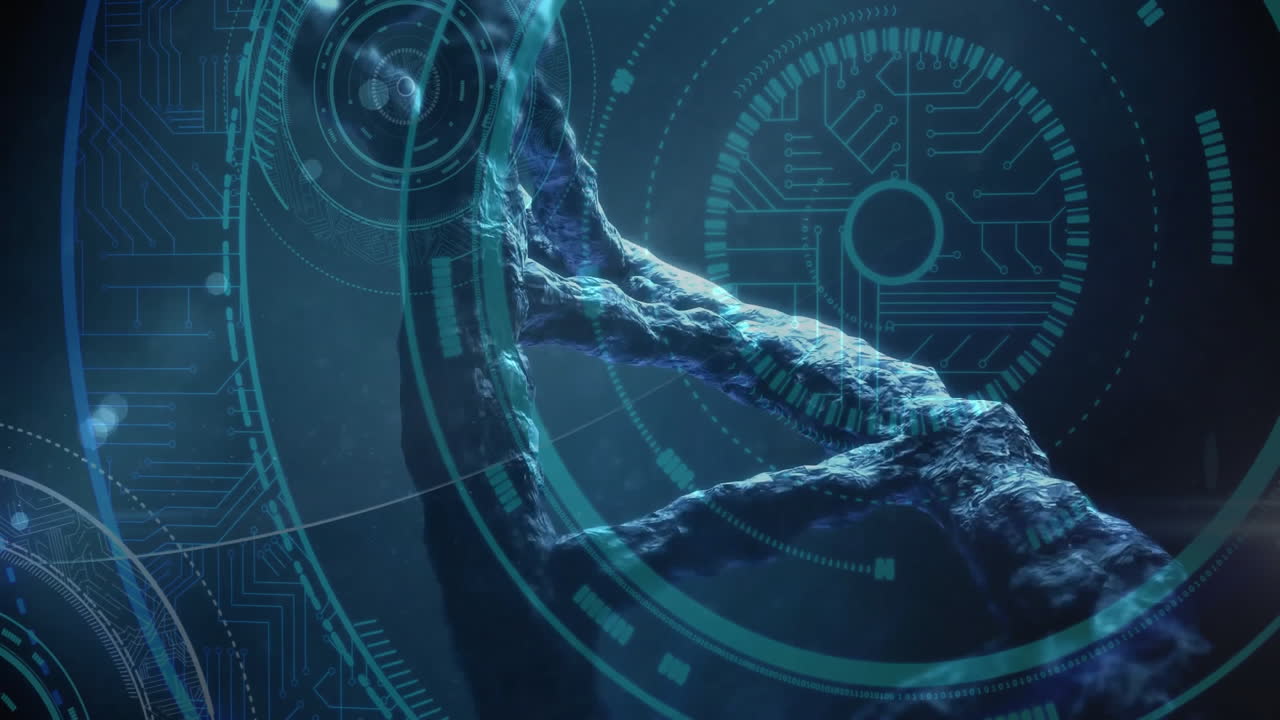 animación del hilado de la cadena de adn y el procesamiento de datos sobre fondo azul