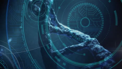 Animation of dna strand spinning and data processing on blue background