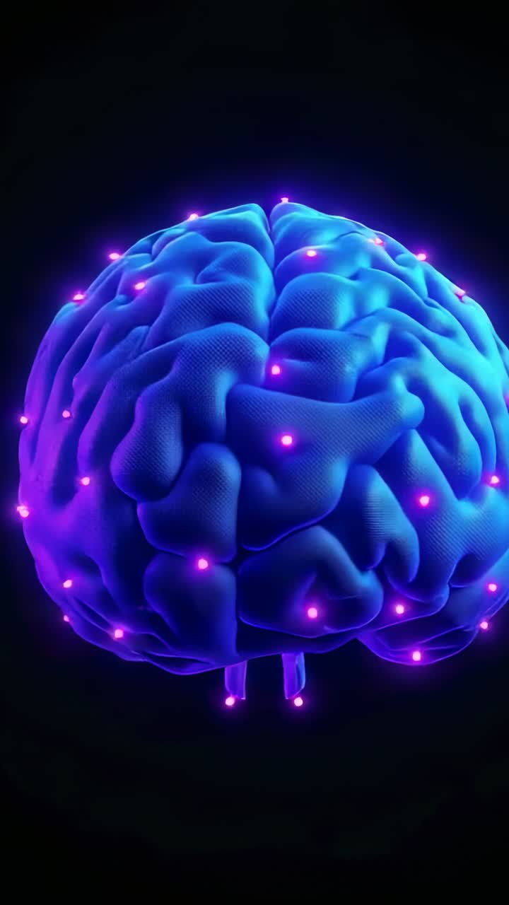 Vertical video: Animation starting 3D brain with magenta nodes rotating in dark void, showing links