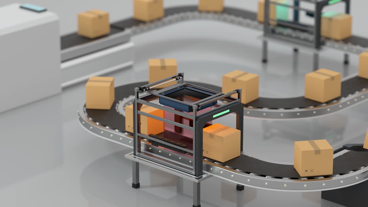 transmisión en bucle de la caja de embalaje en la cinta transportadora, representación en 3d.